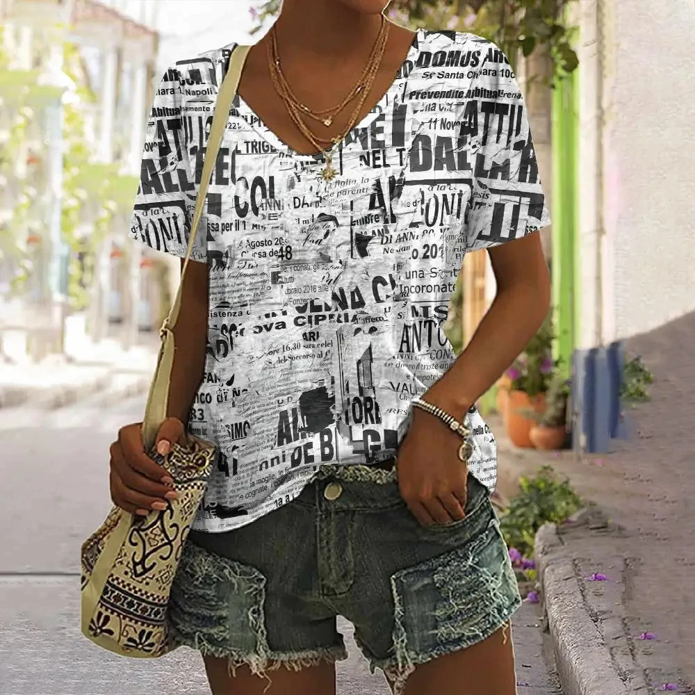 Personalized retro women clothing 3D V-neck short-sleeved old newspaper print summer women clothing T-shirt street Harajuku top