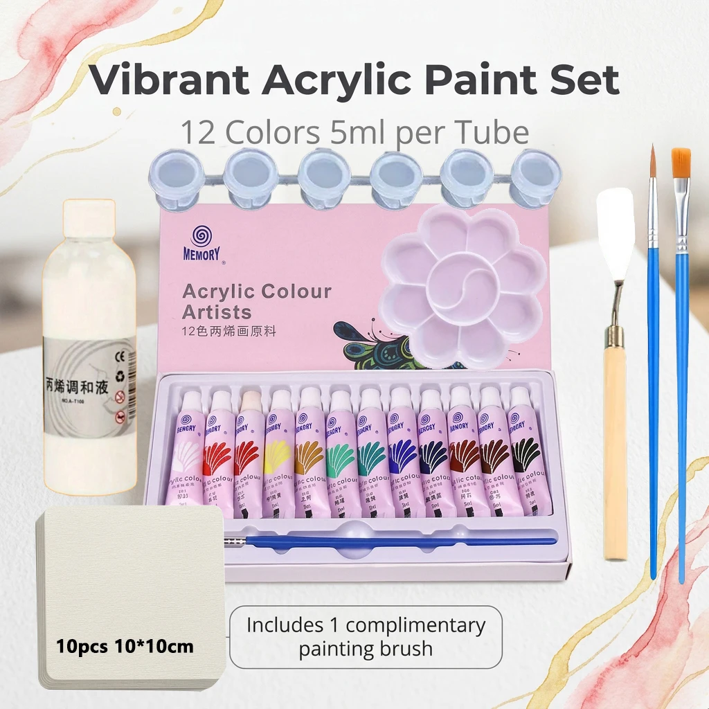 24-Color 5ml Acrylic Painting Set with Scraper Mixing Palette 10 Sheets Watercolor Paper 100ml Blending Liquid 2 Oil Brushes Pig