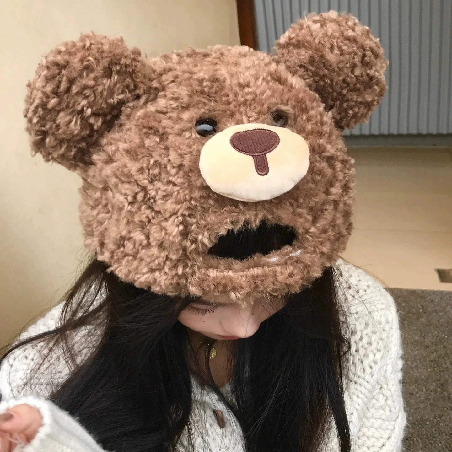 Reversible Cute Bear Ears Shearling Fleece Baseball Cap for Women Wide-Brimmed Warm Duckbill Hat for Fall/Winter
