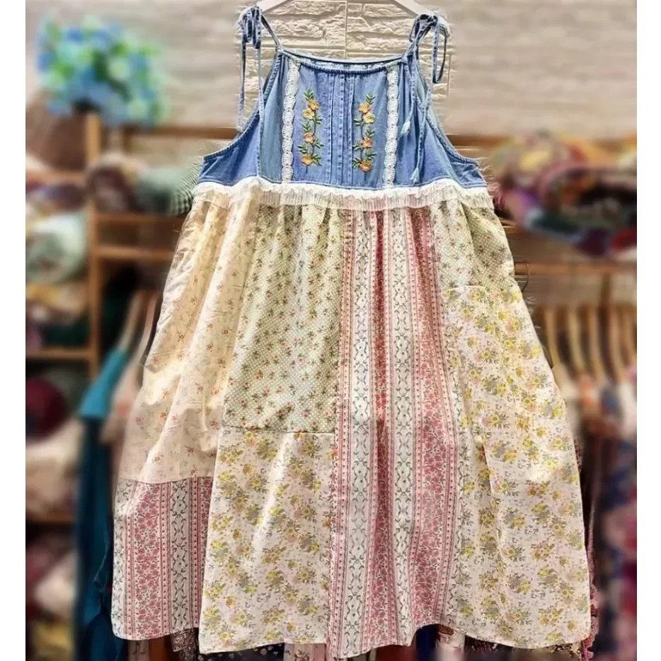 Sommer Vintage Denim Patchwork Midi Langes Kleid Strand Cottagecore Boho Bohemian Gypsy Hippie Ibiza Ärmelloses Mori Mädchen Kleid