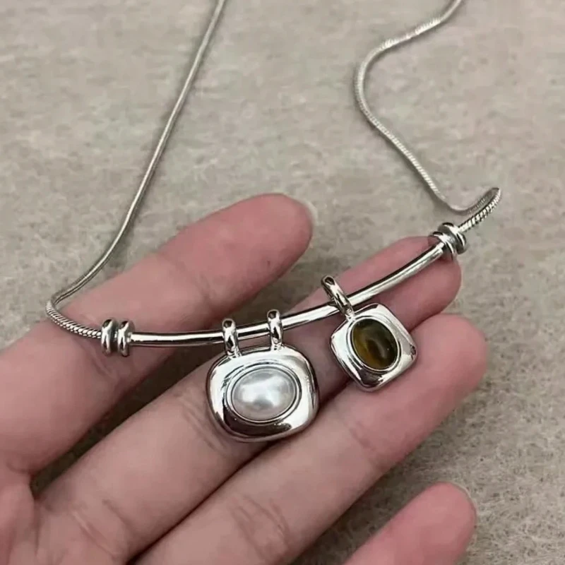 Korean Fashion Vintage Geometry Tigereye Stone Pearl Pendant Silver Color Snake Chain Choker Necklaces for Women Trendy Jewelry
