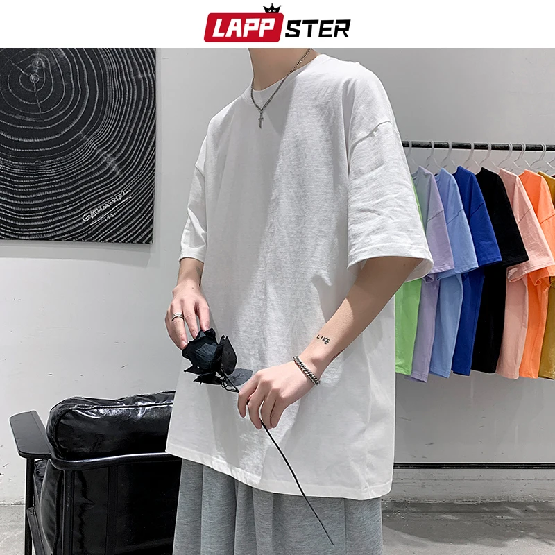 LAPPSTER Men Oversized Graphic Solid T Shirts Colorfuls 100% Cotton 2023 Mens White Classical Tee Male Short Sleeve O-Neck Tops