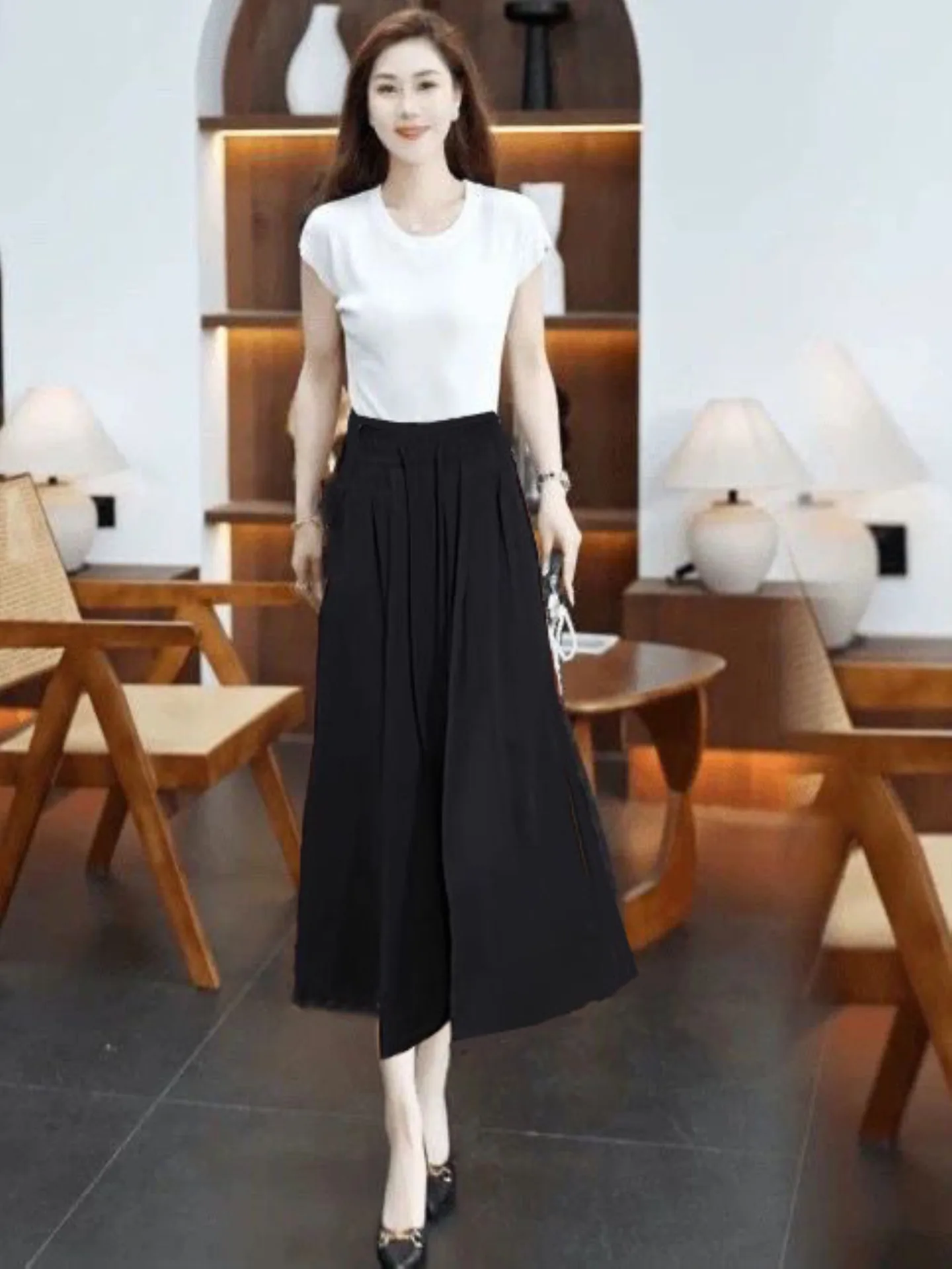 Spodnie damskie z wysokim stanem, szerokimi nogawkami, z jedwabiu lodowego, długość 7/8, letnie, luźne, chłodne, cienkie spodnie-spódnica, spodnie codzienne, oddychające, poliest...