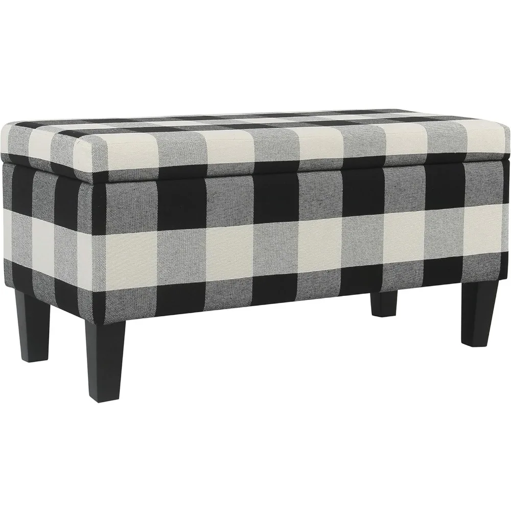 

Large Upholstered Rectangular Storage Ottoman Bench with Hinged Lid Black Buffalo Plaid OTTOMAN BENCH