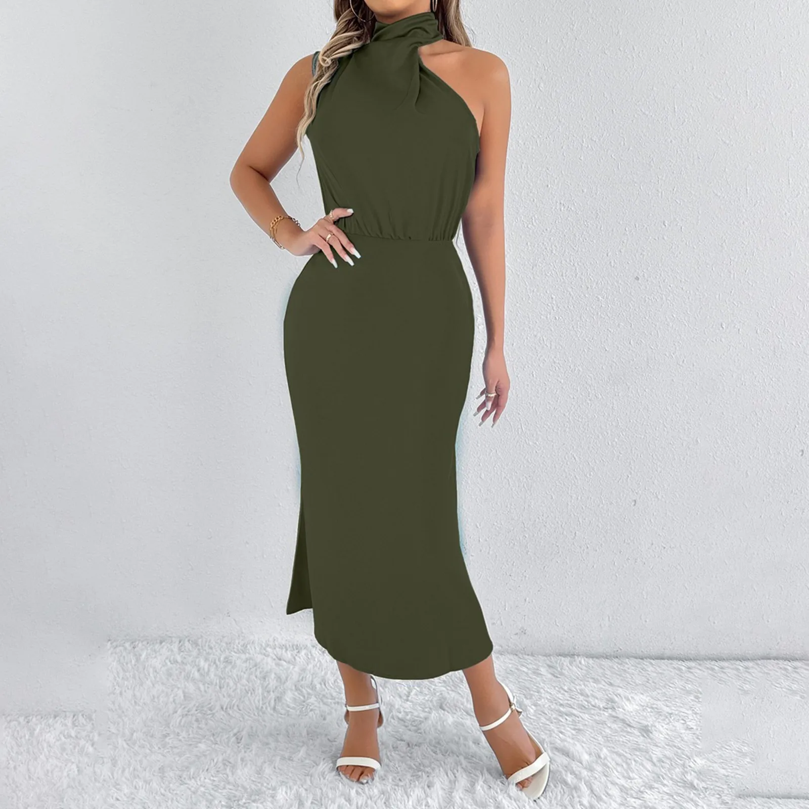 

2025 Women Evening Dress Red Solid Satin Cold Shoulder Halter Sexy Dresses Female Party Elegant Club Skinny Clothes Ladies