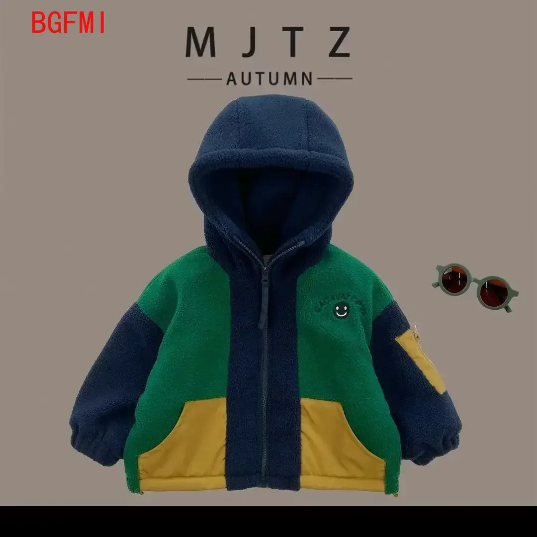 

Boys Outerwear Autumn Winter Zipper Clothes with Thick Fleece 2025 New Patchwork Fashionable Lamb Wool Warm Children's Clothing