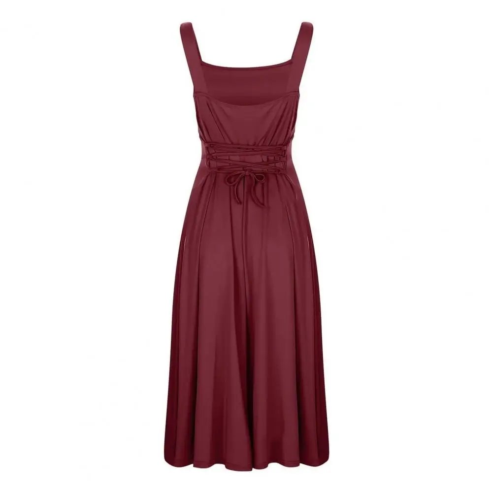 Elegante vestido midi de pescoço quadrado para mulheres, bainha fluida linha A, vestido sem costas com cintura alta para namorar e pendular óleo