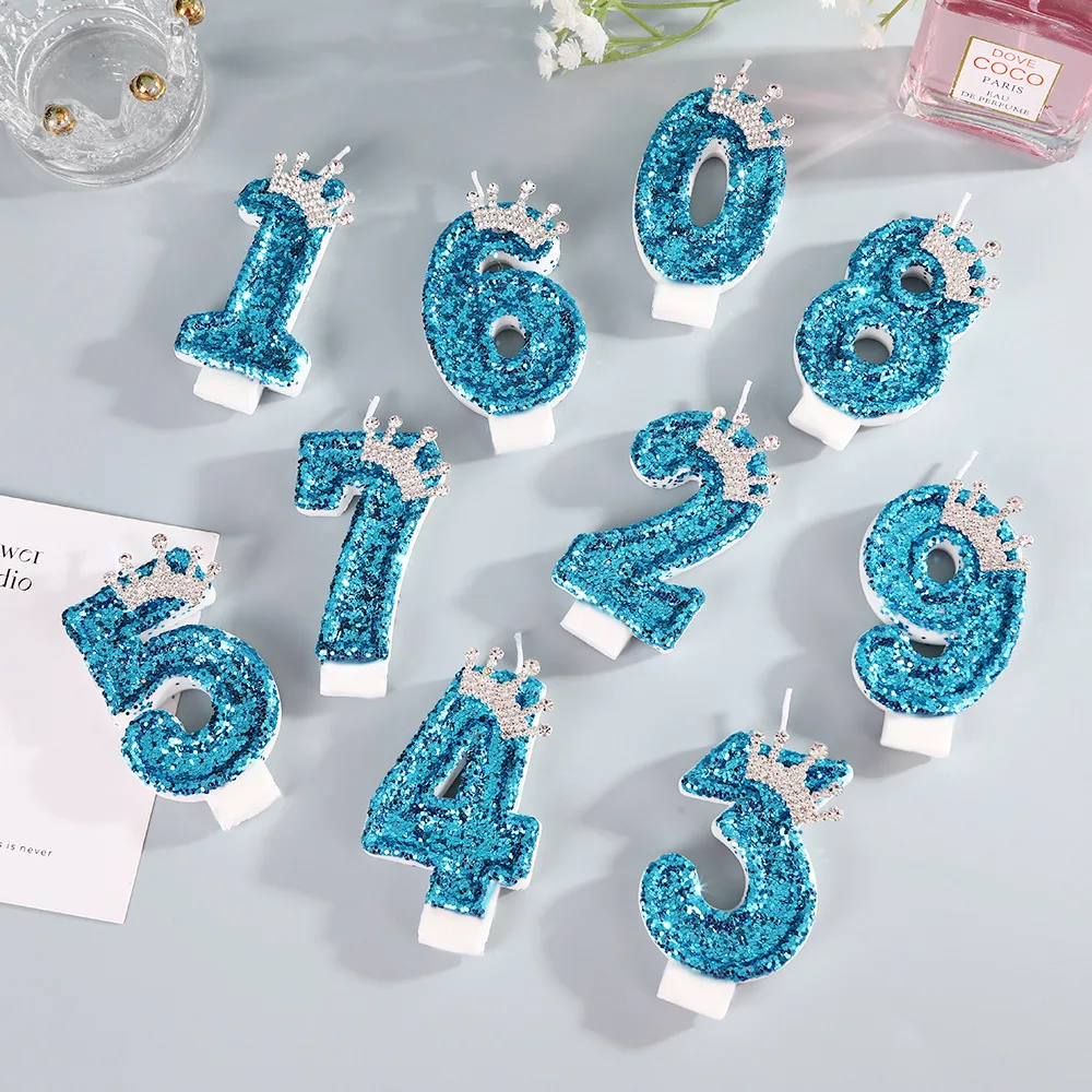 Cake Insert Decoration. Blue Sequined Crown Digital Candle Creative High-end Birthday Cake Candle