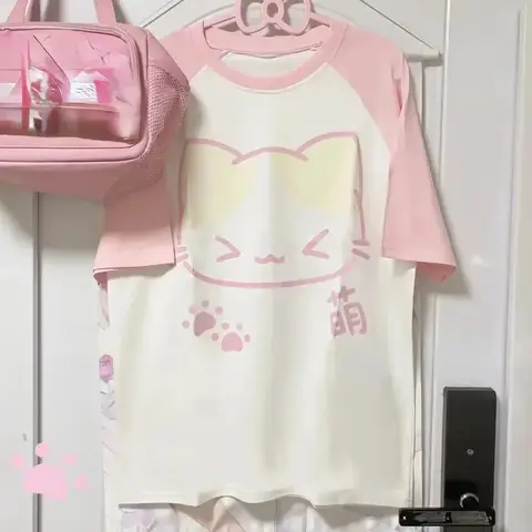 Aesthetics Japanese Grunge T-shirt Y2k Harajuku Anime Cartoon Cat Tops Tees Short Sleeve Women Kawaii Clothing Streetwear