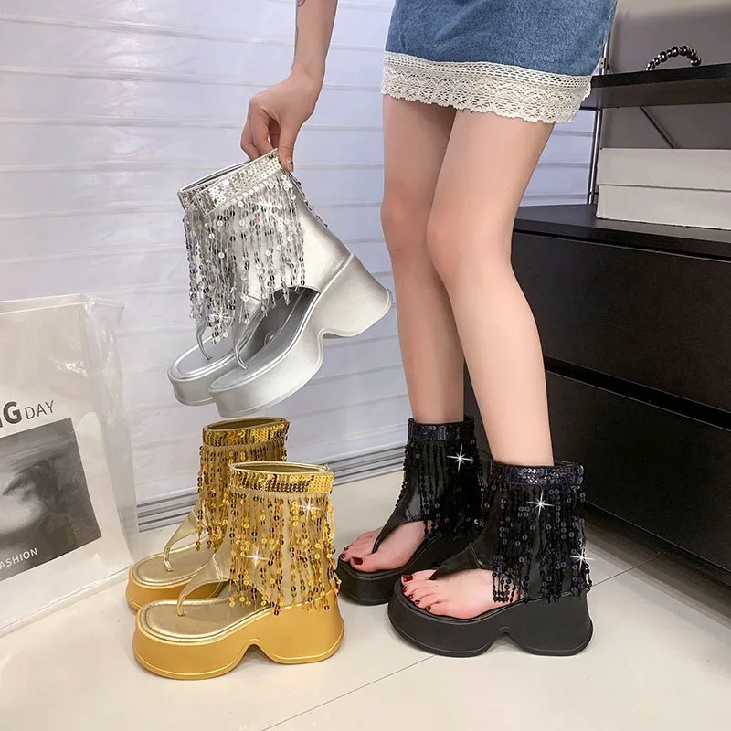 

Women’s Height-increasing 7cm Thick-soled Pants-leg Summer 2026 New Toe-post Hollow Breathable Sandals