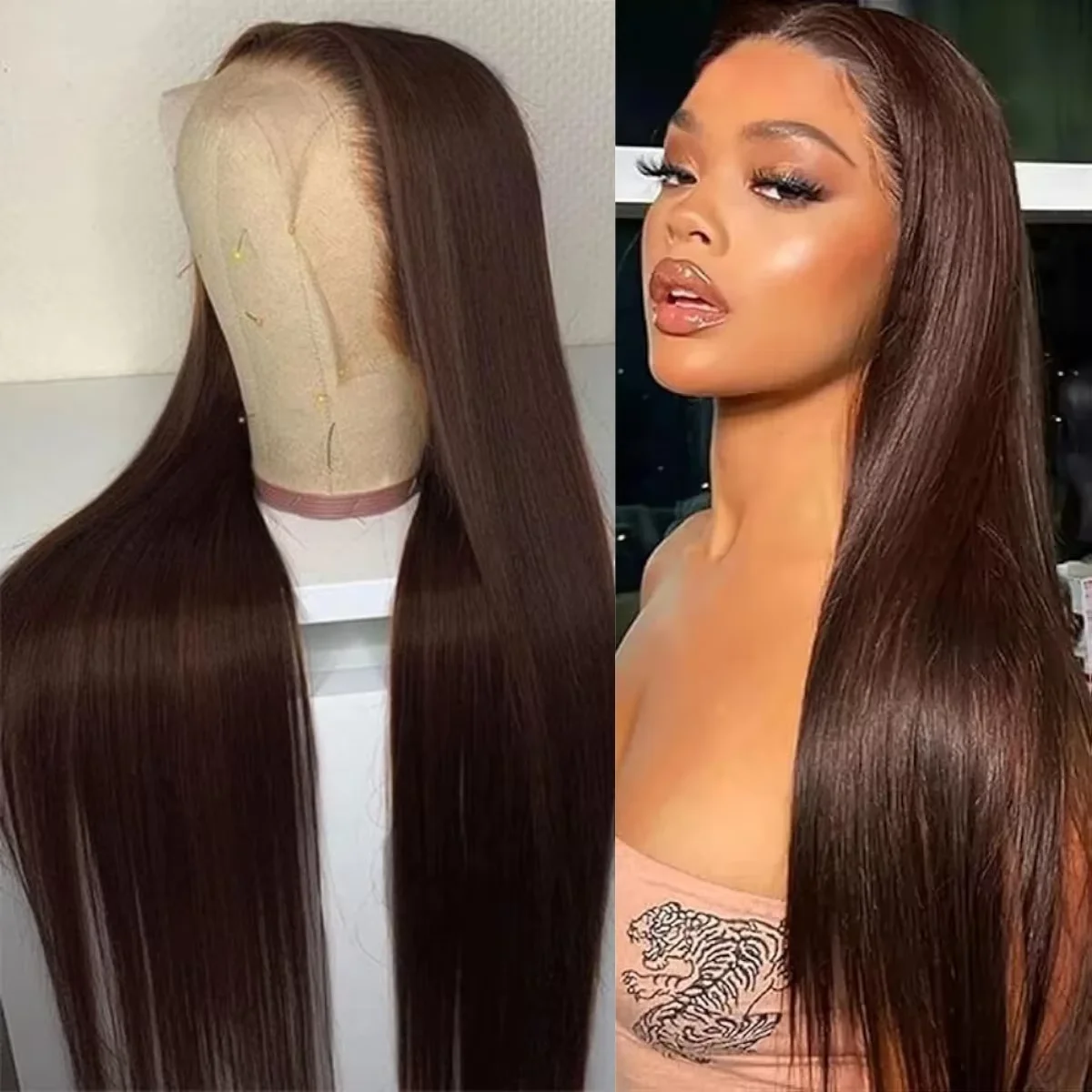 200% Density Chocolate Brown Bone Straight Human Hair Wig Brazilian 30 40 Inch 13x4 13x6 Lace Frontal Wigs Pre Plucked For Women