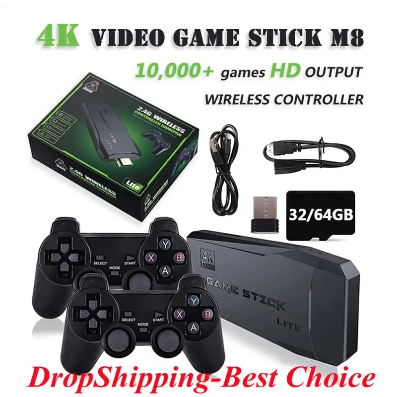 

Top Video Game Stick 4K M8 Console 2.4G Dual Wireless Controller HD 10000 Games 64GB Retro Sticks For PS1/GBA Xmas Gift