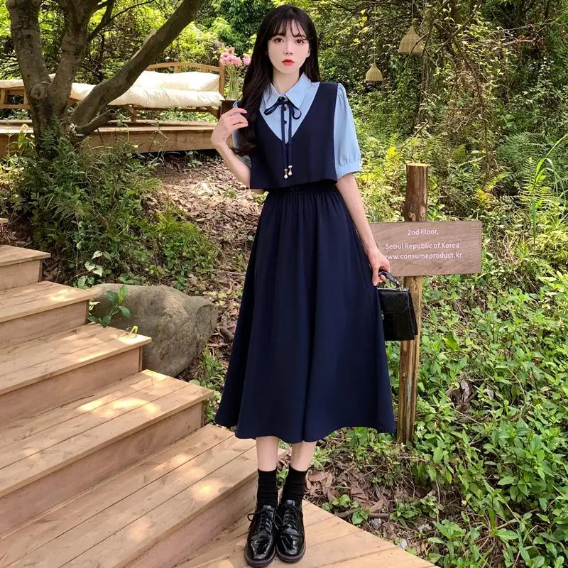 Fake Two Pieces Long Dresses For Women Summer Female Lapel Collar Short Sleeve Large Size Casual Polyester Blue Preppy Vestidos