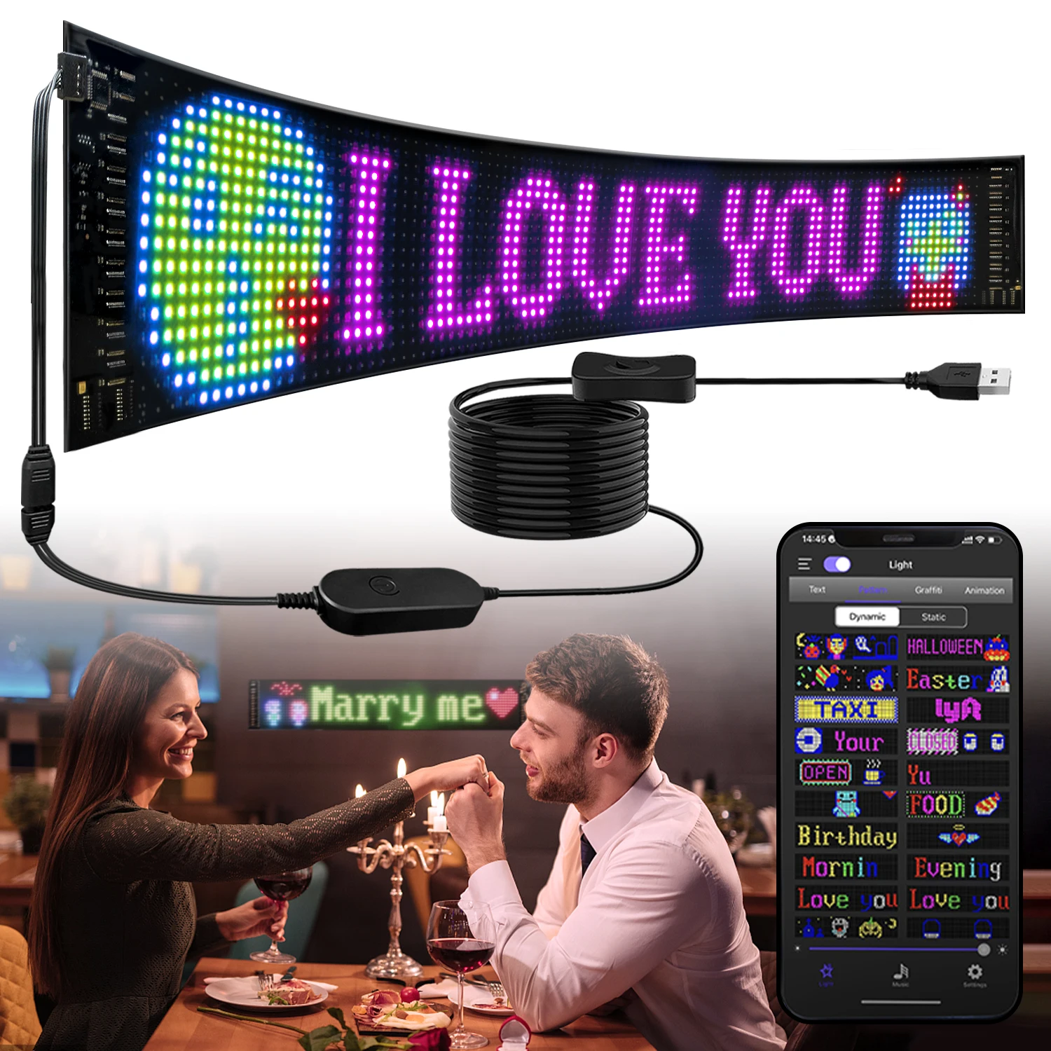 Flexible LED Matrix Panel USB 5V Bluetooth Application Control DIY Programmable Scrolling Sign for Car Party Wedding Festival