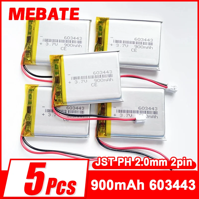 5 PCS 3.7V 900mAh Lipo Polymer Lithium Rechargeable Battery 603443 JST PH 2.0mm 2pin For MP3 GPS Navigator DVD Recorder Camera