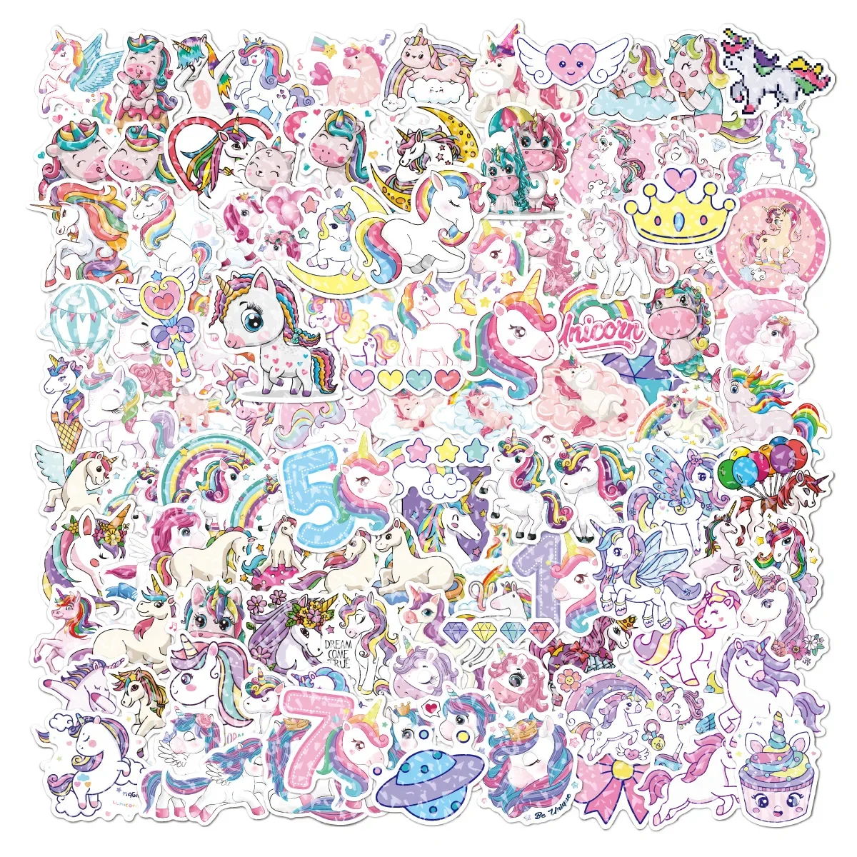 100Pcs Cute Unicorn Theme Sticers Holographic Unicorm Vinyl Stickers for Laptop Suitcase Skateboard Waterproof Stickers for Kids