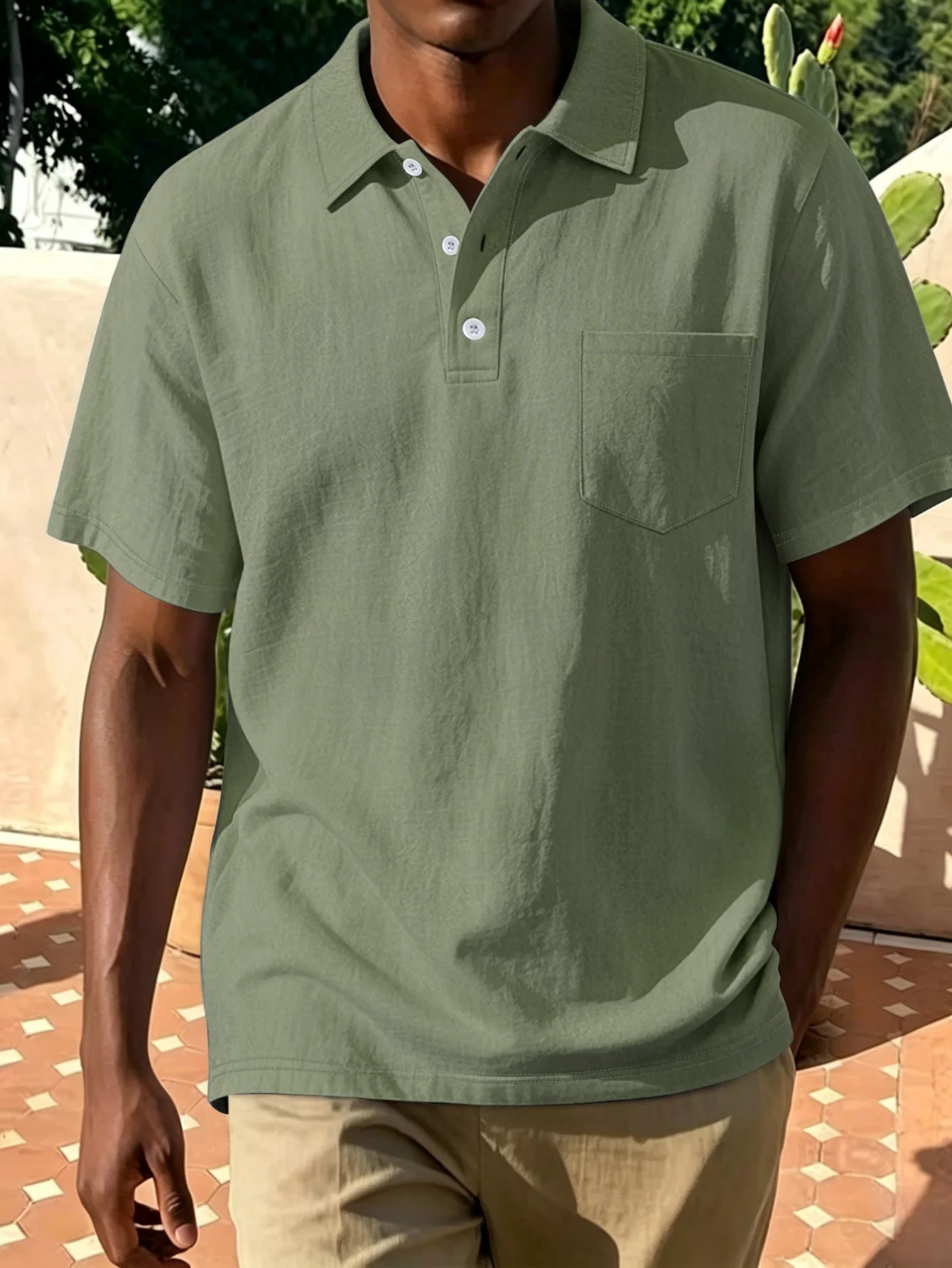 Herren-Poloshirt aus Baumwolle und Leinen, kurzärmelig, Brusttasche mit einem Knopf, Dreiknopfkragen, lässiges Hemd, atmungsaktiv, für den Sommer – Detail 2