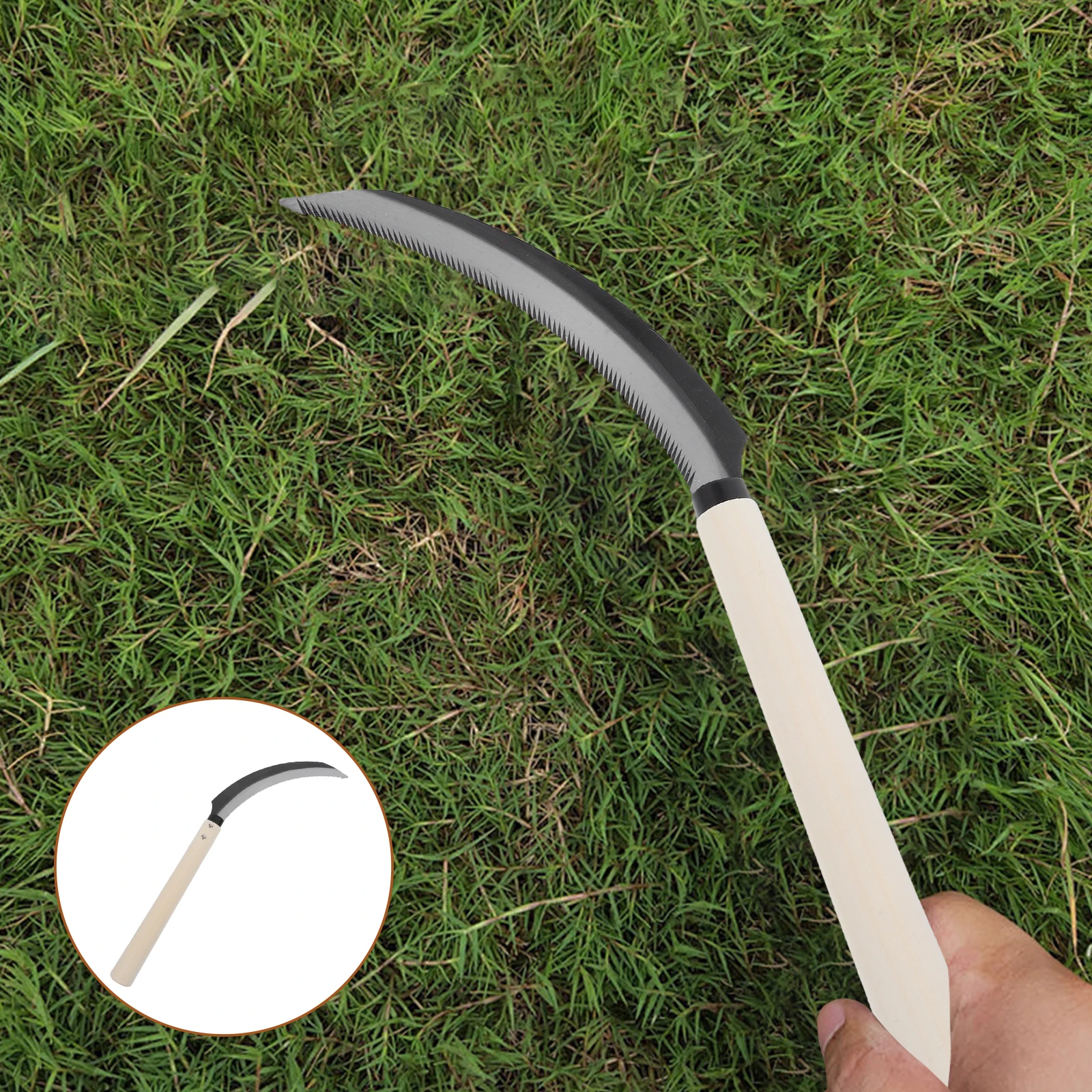 

Serrated Harvesting Wooden Handle Handheld Weeding Garden Grass Farming Small Efficient Cultivating Sharp Crescent Blade Durable