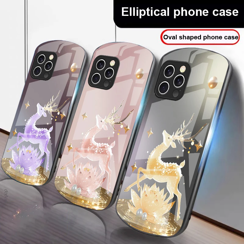 حالمة الفضة لوتس الغزلان آيفون 16 15 14 13 زائد 12 mini 11 Pro Max XR Xs Max X 7 8 6S 2022 20 جراب هاتف زجاجي بيضاوي الشكل
