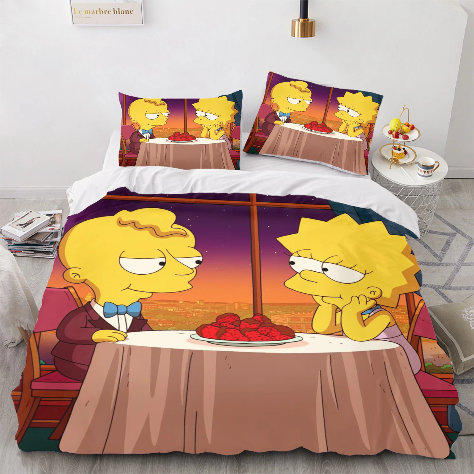 The Simpsons Anime Bettwäsche-Set, Bettbezug, 100 % Polyester, geeignet für Kinder und Erwachsene, 3-teiliges Set, 1 Bettbezug