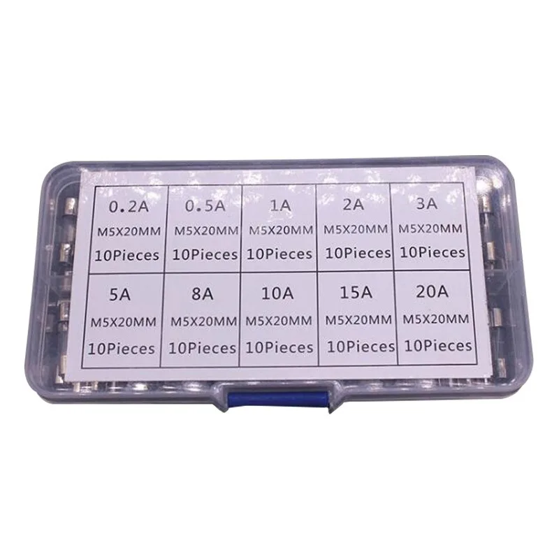 100 PCS boxed set of multi specification disposable glass fuses, 0.2A~20A fuse tube, 5 * 20mm