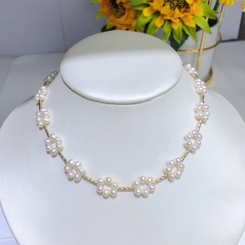 17''  Natural Cultured White Pearl Hand - Weaved Flower Choker Necklace