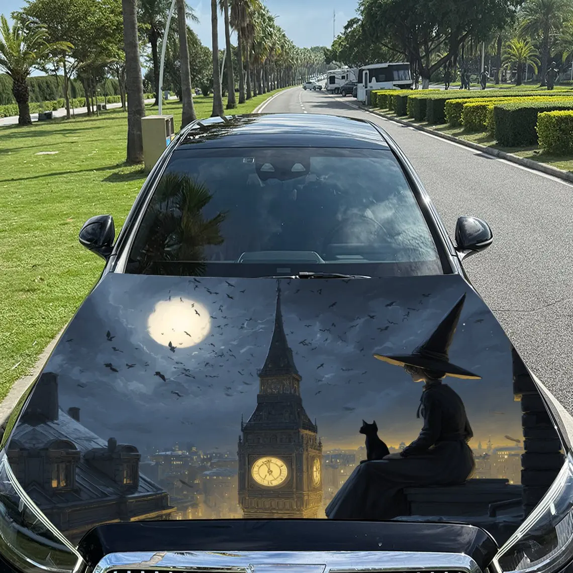 

Mystical Nighttime Big Ben, виниловая пленка для автомобиля «Ведьма и кошка», водонепроницаемая наклейка на капот автомобиля из ПВХ, самоклеящаяся устойчивая к царапинам
