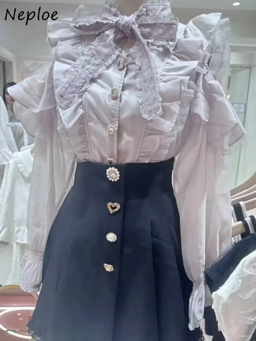 

BabYoung Sweet O Neck Flare Sleeve Mesh Shirt Ruffles Off Shoulder Lace All-Match Blouses Japan Fresh Bow Unique Gentle Blusas