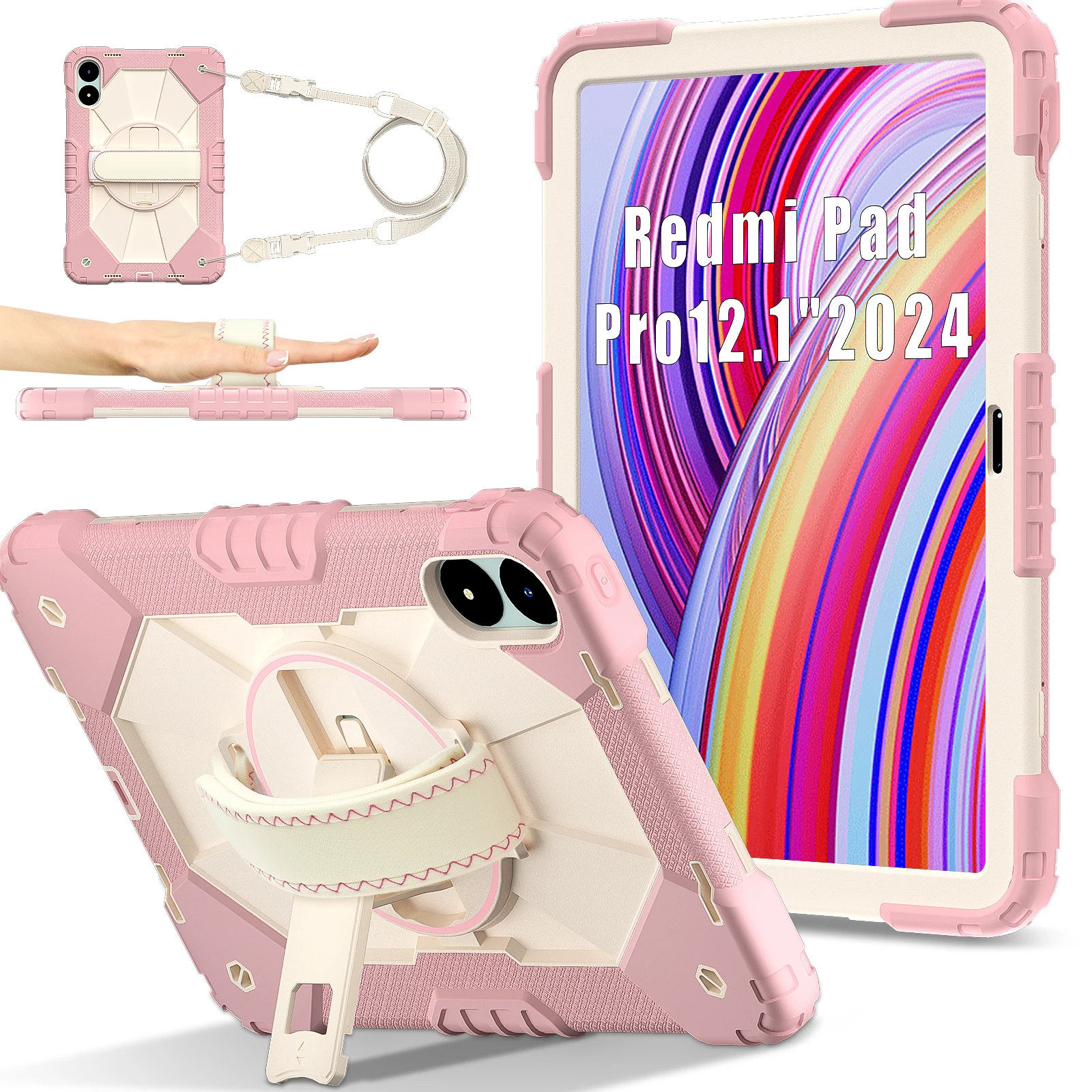 Para Redmi Pad Pro Xiaomi poco pad 12,1 "funda de silicona segura para niños + correa de hombro para PC soporte a prueba de golpes funda para tableta 360 ° Soporte con asa