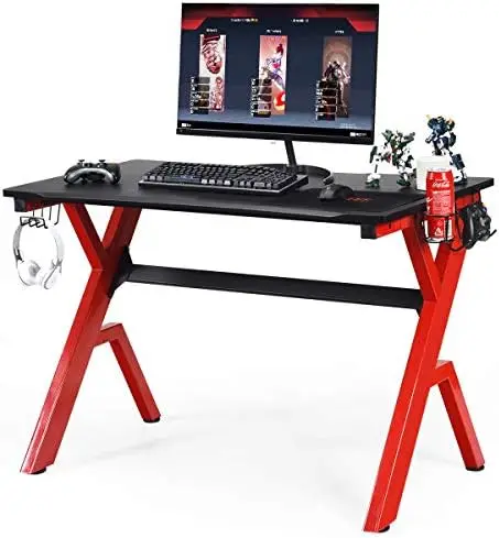 

Computer Desk Gaming Desk, Ergonomic Gamer Workstation with Cup & Headphone Holder Mouse Pad, Carbon Fiber Surface and R-Sha