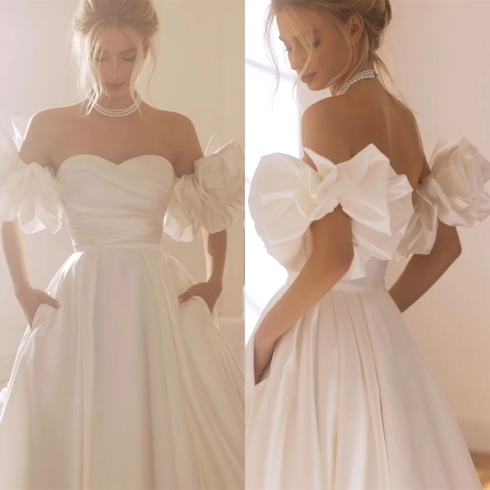 

Customized Temperament Satin Wedding Dresses Dreamy Sweetheart Off the Shoulder Heavy Industry Wedding Dresses Bride Gowns
