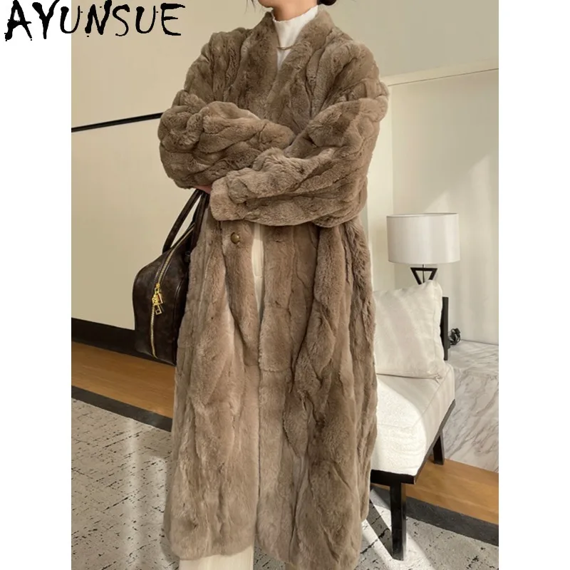 AYUNSUE ريكس معطف فرو الأرنب امرأة فاخرة 2025 جواكت شتوية امرأة منتصف طول المعاطف النسائية موضة ملابس امرأة كردنهكا Жénska