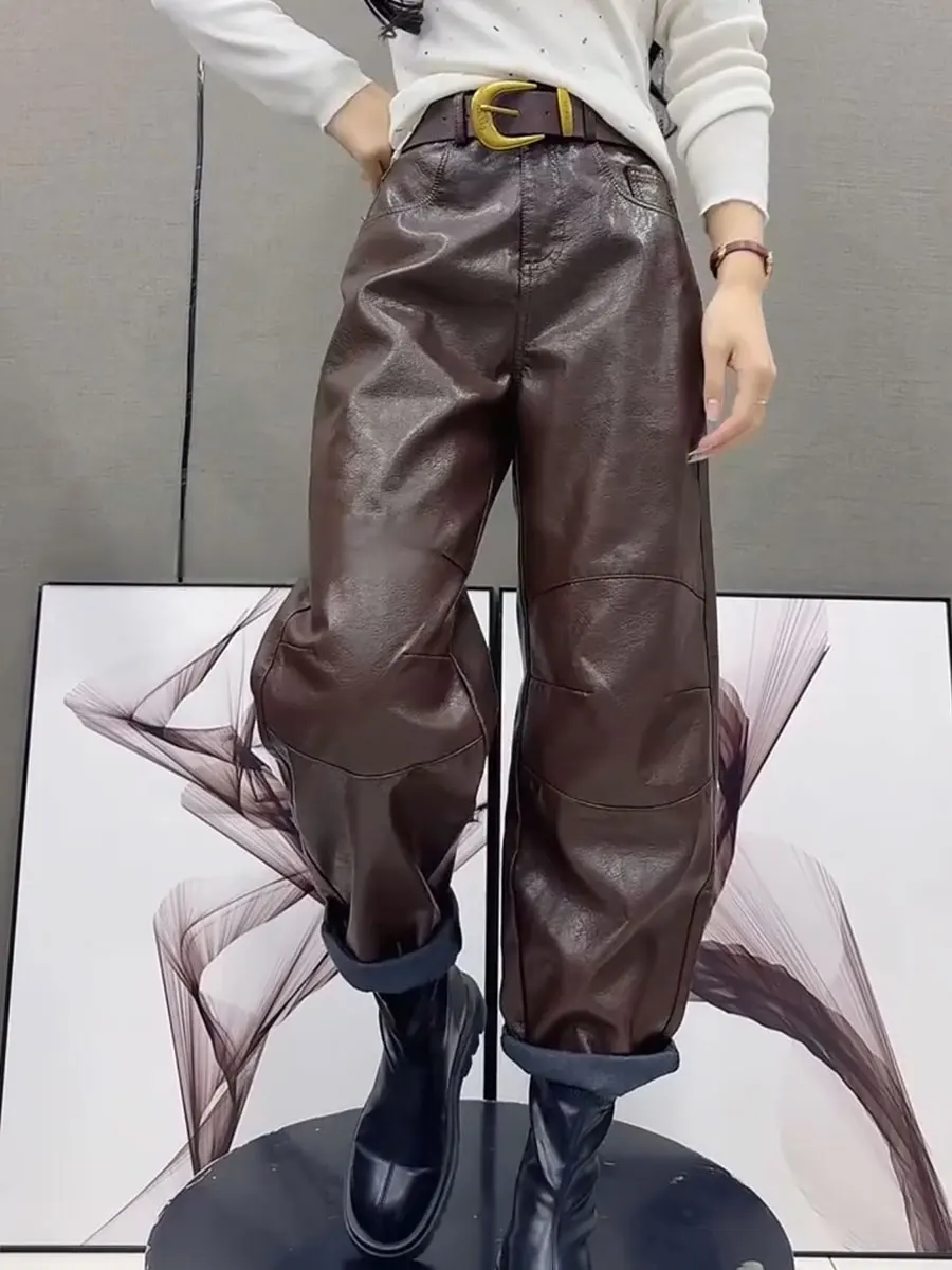 

Winter Waed Leather Pants Women's Versatile Nine-Point Knife Casual High Waist Zipper Fly Loose Fit Comfortable Breath...