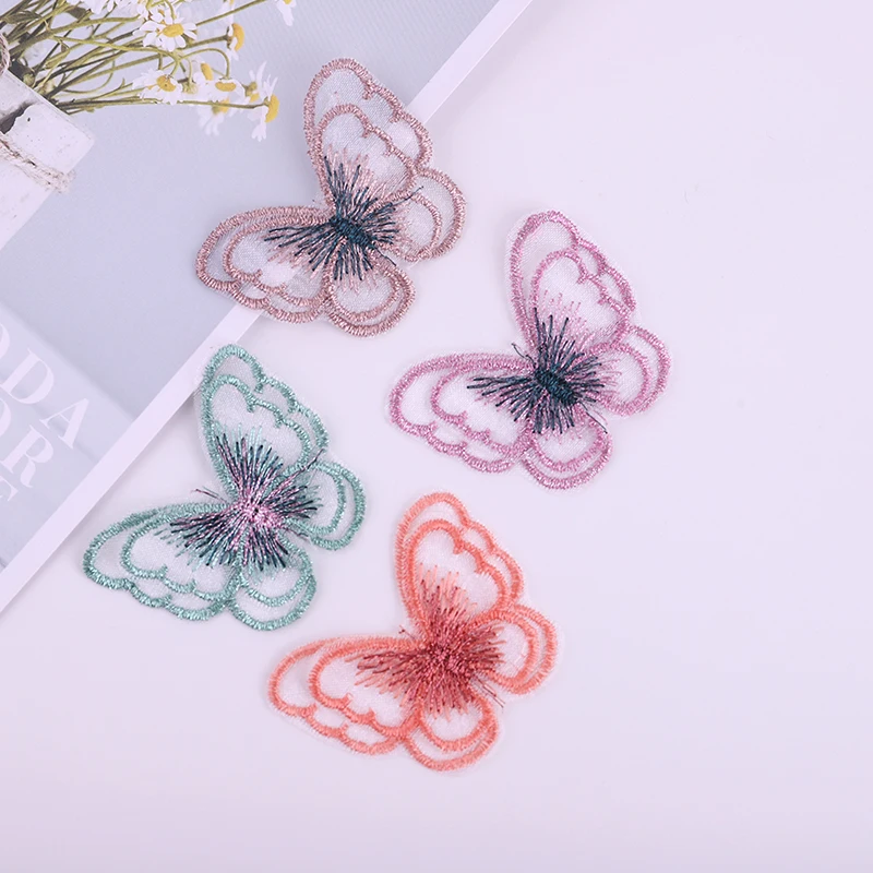 10PCS Kolorowa organza 5CM Dwuwarstwowe naszywki motylkowe Haftowane wykończenie Motyl Naklejka na spinkę do włosów Udekoruj akcesoria odzieżowe