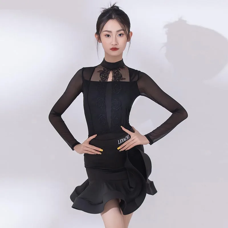 

Latin Dance Costume Black Long Sleeve Cha Cha Performance Clothing Samba Tango Competition Suit Practice Clothes Dance Wear 800