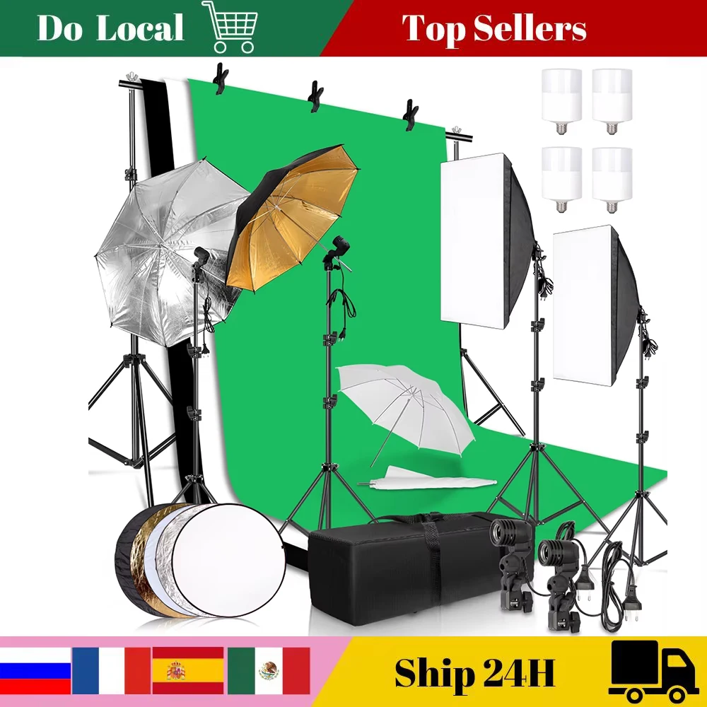 Photography Photo Studio Softbox Lighting Kit With 2.6x3M Background Frame 3pcs Backdrops Tripod Stand Reflector Board 4Umbrella