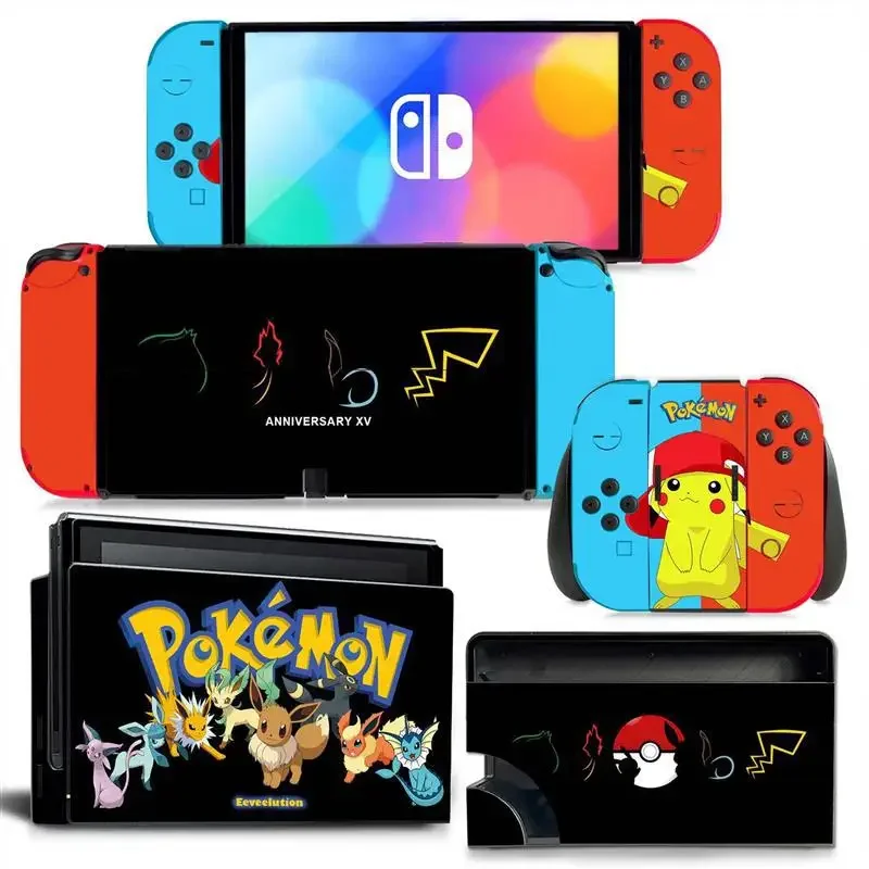 2023 Pokemon Pikachu Switch Oled Stickers  Game Console Skin Sticker Decal for Switch OLED Console Joy-con Controller Dock Skin