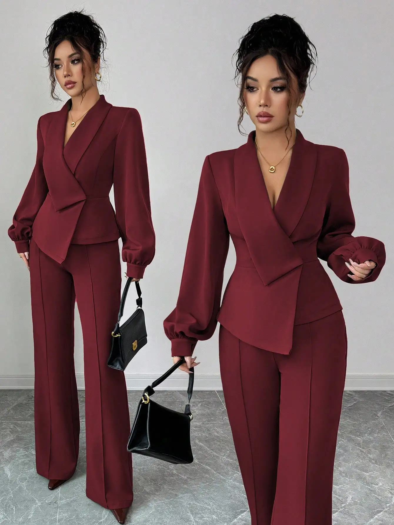 

Women Elegant Solid Color Crossed Collar Blazer With Lantern Sleeves And A-Line Pants Set
