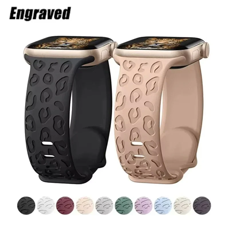 Engraved Leopard Straps For Apple Watch Band ultra 2 49mm 45mm 44mm 42mm 41mm 40mm Silicone bracelet for Series 9 8 7 se 3 6 5 4