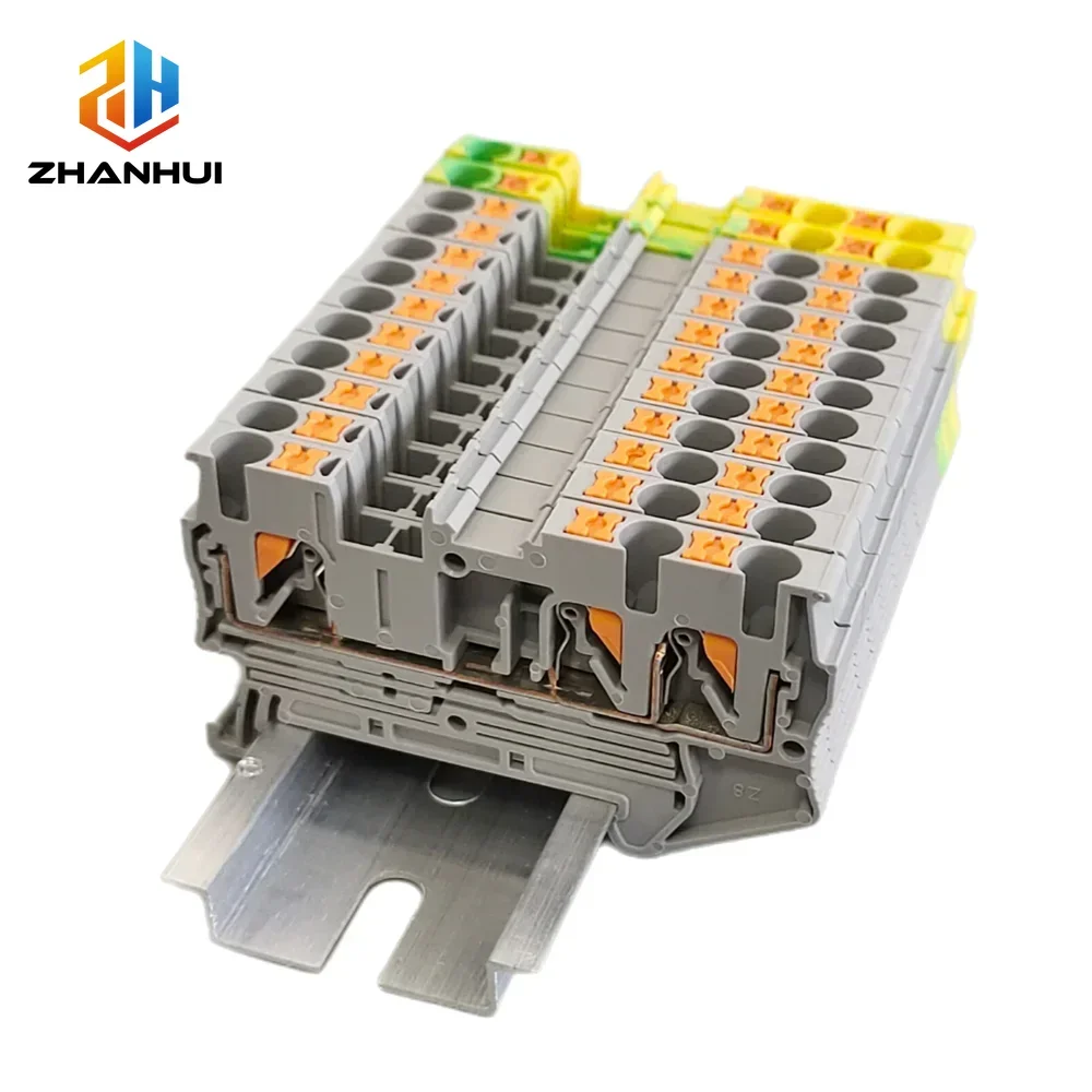 10Pcs PT2.5-TWIN DIN Rail Terminal Block 2.5mm² 3-Conductor Feed-Through Push-In Connector Tool-Free Wiring for Control Panels