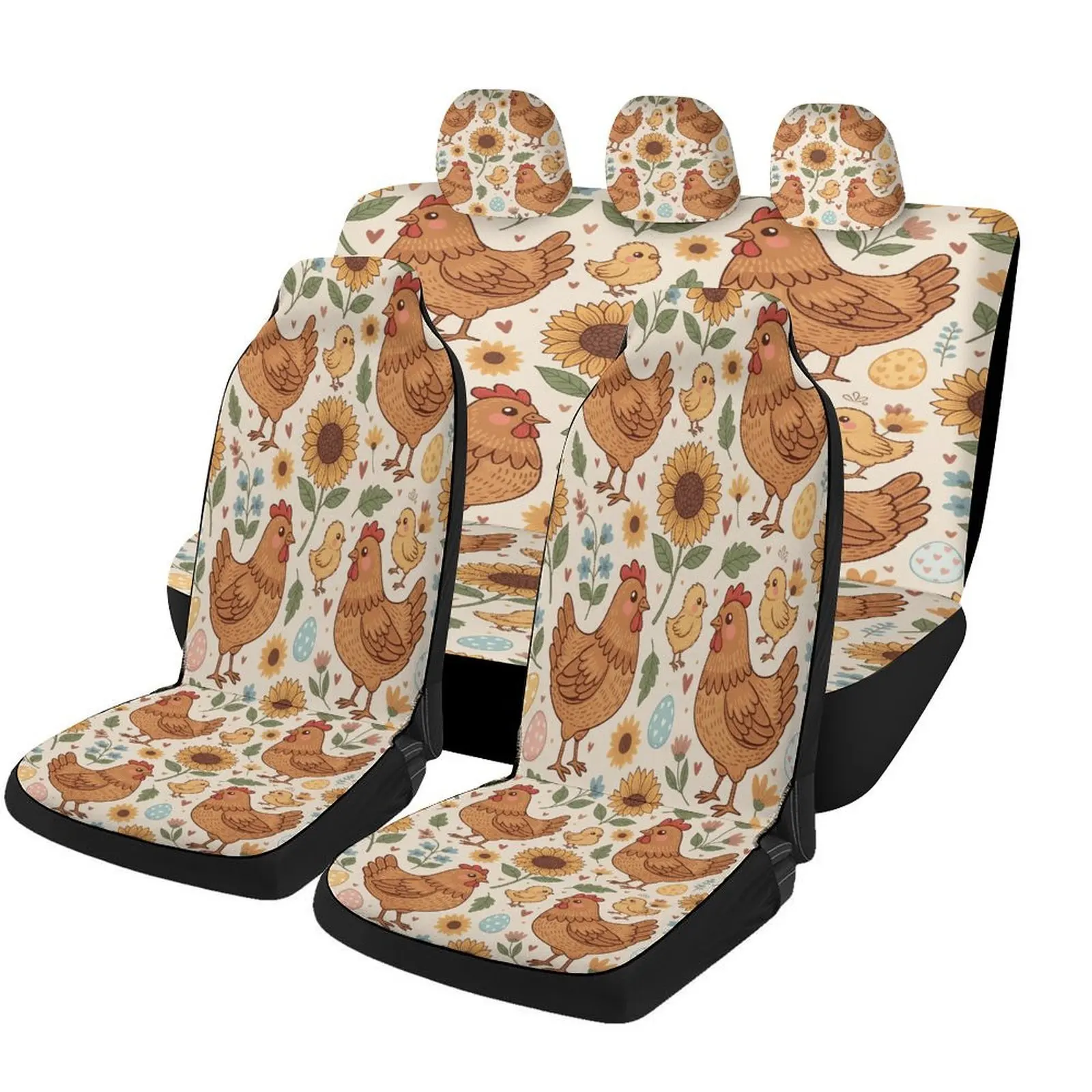 Set Of Car Seat Covers Featuring A Chicken And Sunflower Design, Suitable For Various Vehicles. Stylish And Breathable, These De