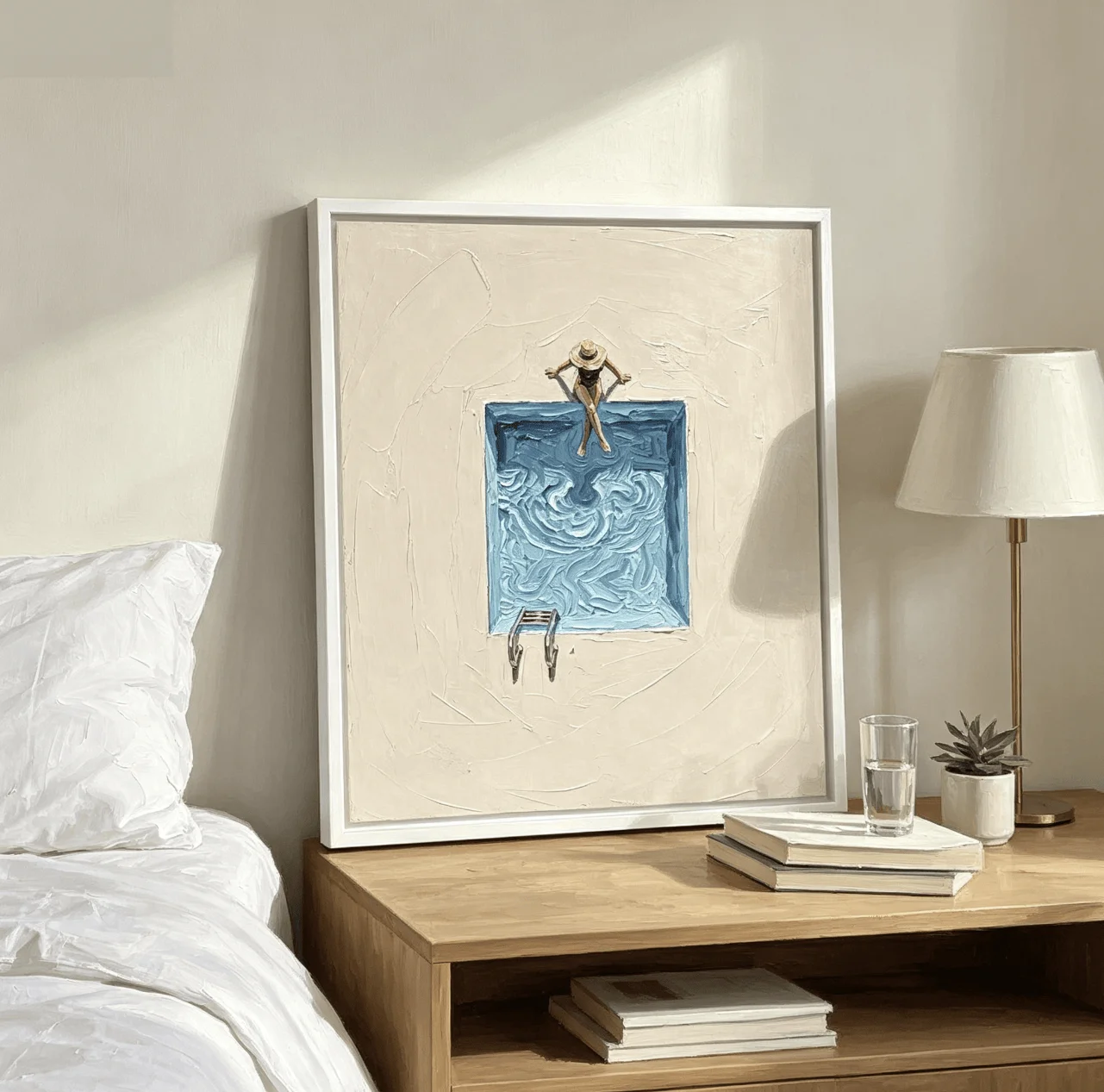 Thick Texture Swimming Pool Woman Canvas Wall Art, Minimal Summer Figure Canvas Prints, Impasto Art for Living Room Bath Decor - view 4