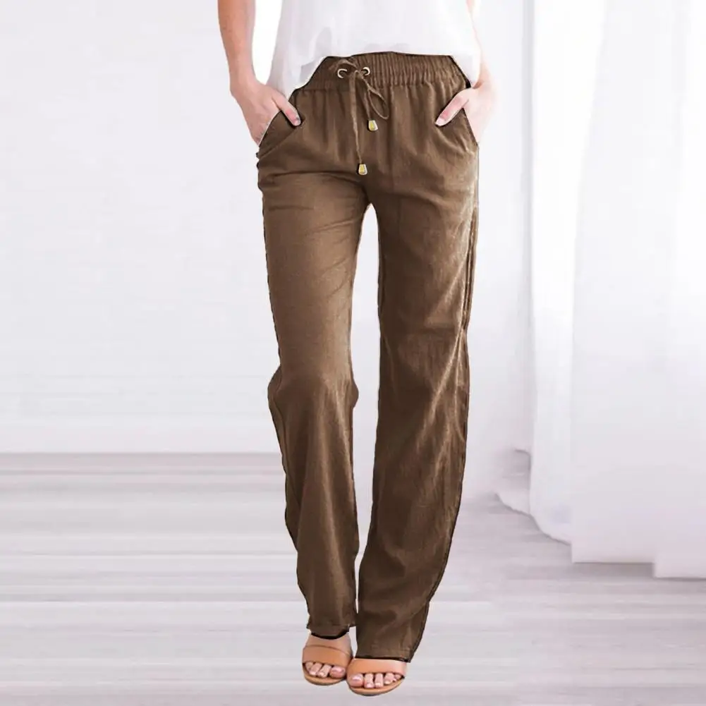 Comfortable Spring Summer Pants Stylish Women's Elastic Waist Wide Leg Pants with Pockets Adjustable Ties Solid for Leisure