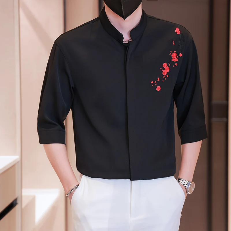 

Men’s Black Shorts Sleeve Mandarin Collar Shirt with Red Floral Embroidery , 2026 New Mens Casual Top for Spring & Summer
