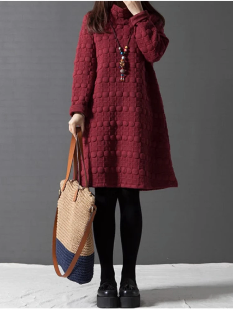 Vestidos holgados de cuello alto para mujer embarazada, ropa informal con estampado de lunares, Vestido de manga larga grueso y cálido para otoño e