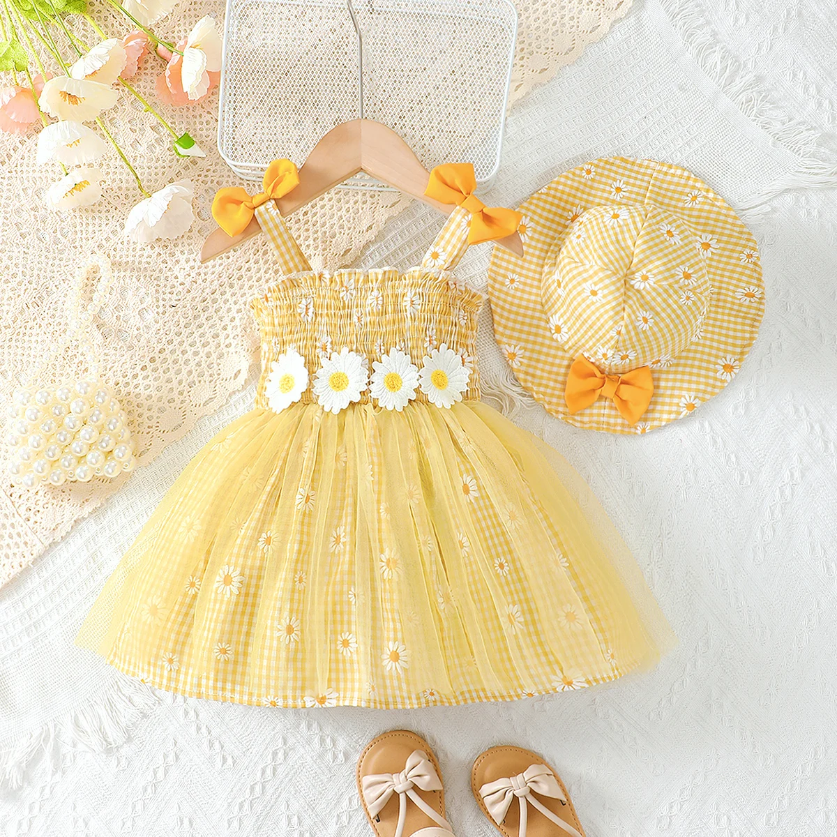 Baby Girl Summer Dress Daisy Plaid Chiffon Sweet Style Dress+Hat 2Pcs for Cute Baby Girls Aged 0-3 Years Vacation Casual Dress