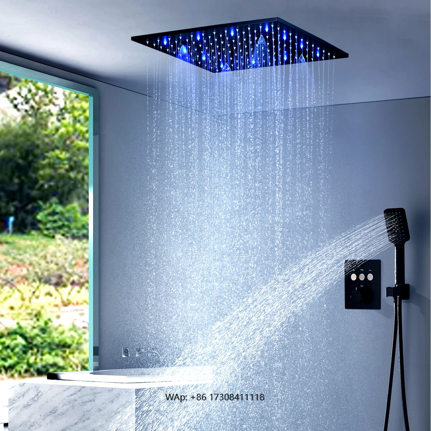 Modern 16 Inch Rain and SPA Mist Ceiling Shower Head Bathroom LED Shower Faucets Set With Black Thermostatic Mixer Valve