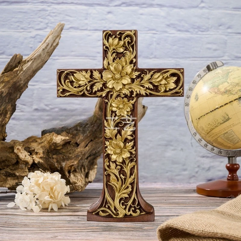 Solid Wood Rose-Shaped Cross Ornament, Home Decor, Handcrafted Artwork, Vintage Ornament