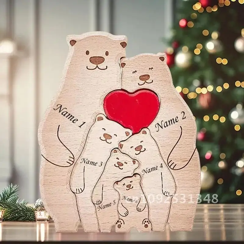 Free Engraving New Bear Family Wooden Puzzle Personalized Custom Name for Birthday Gift Family Name Sculpture Home Desk Decor