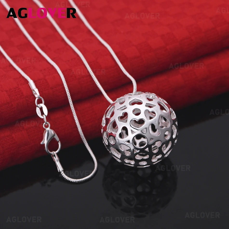 

AGLOVER 925 Sterling Silver Hollow Love Ball Pendant Necklace Women's Retro Personality Accessories Party Jewelry